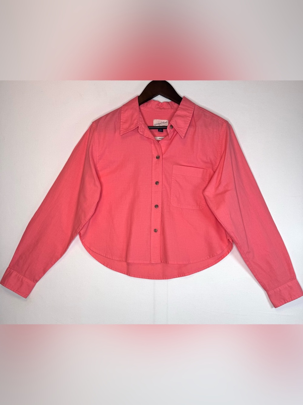 Universal Thread Women's Coral Pink Cropped Button Down Shirt sz M linen blend